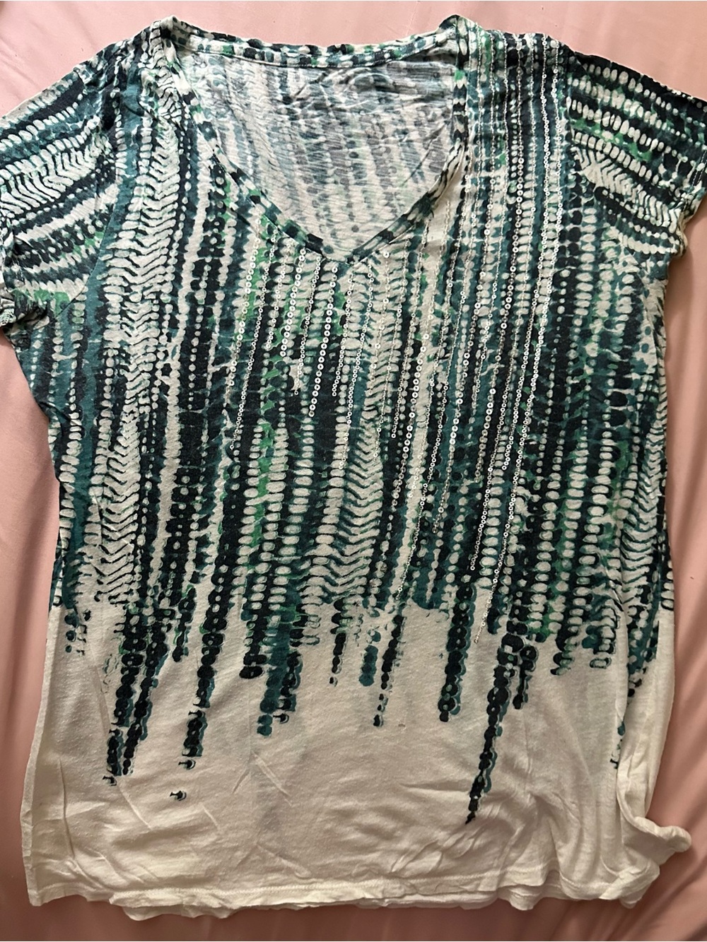 Calvin Klein Jeans White V-Neck Short Sleeve Top with Green & Blue Print